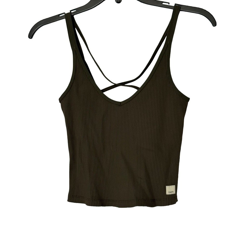 Vuori Ribbed‎ Olive Green Crisscross Strap Rib Crop Tank Top - XSmall